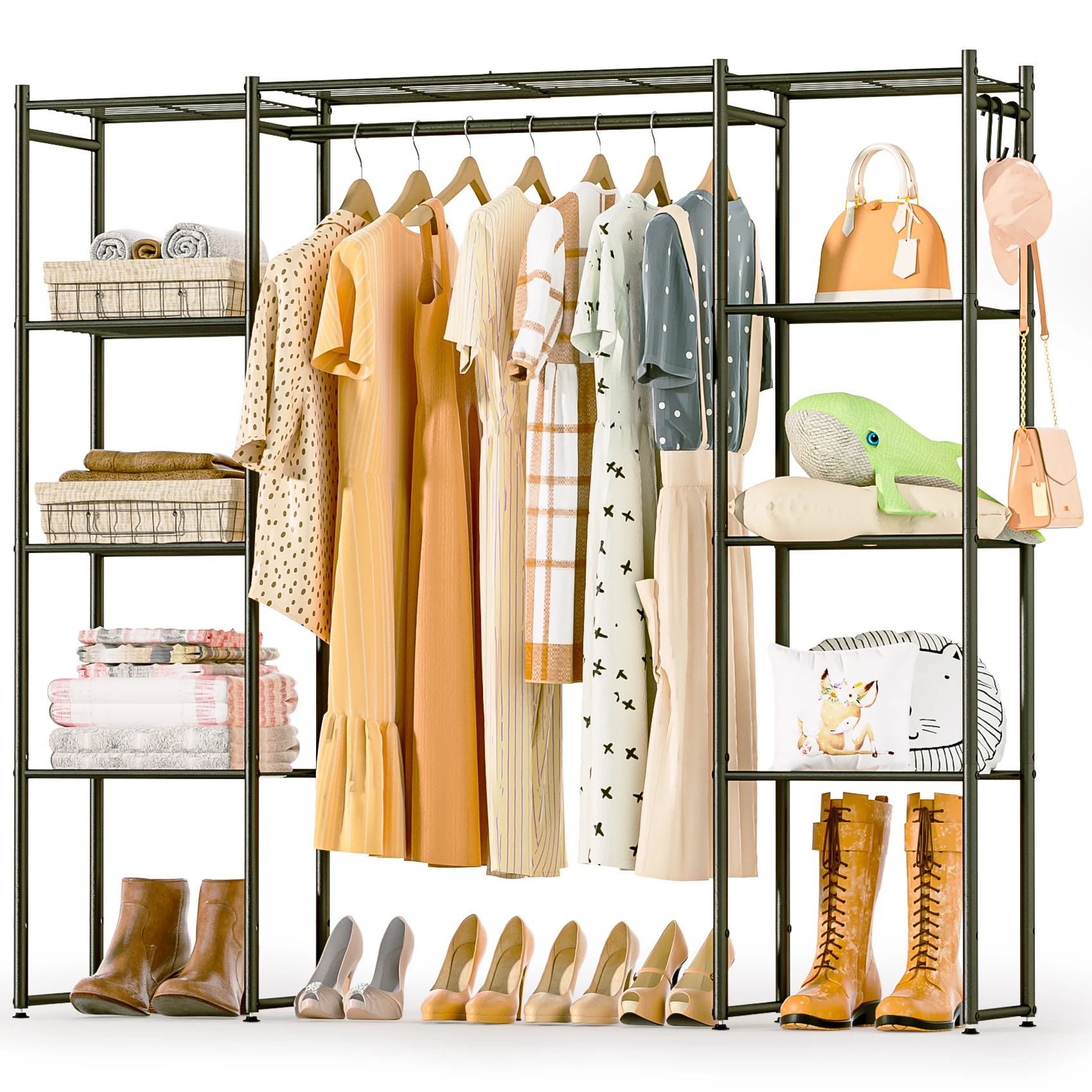 

Portable Closet Wardrobe, Metal Clothing Rack with 8 Shelves & 1 Hang Rod, Free Standing Closet Rack for Hanging Clothes