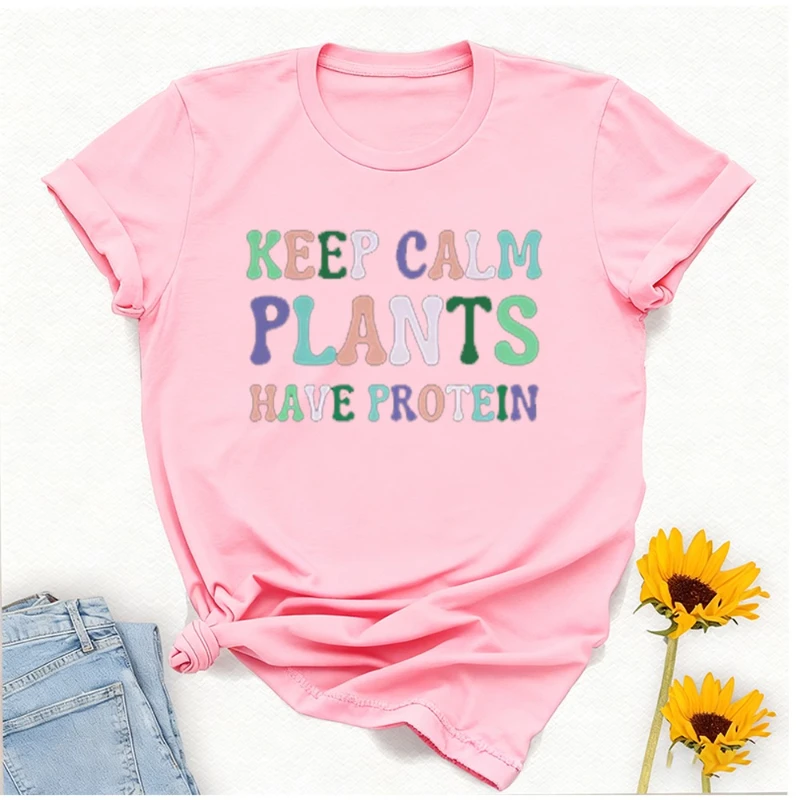حافظ على الهدوء نباتيًا يحتوي على قميص بروتين تي شيرت نباتي هدية خطابات تي شيرت مطبوع بلايز Crewneck قطن عالي الجودة #6