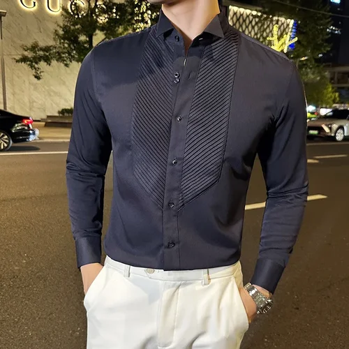 Camisa de vestir para hombre, camisa de manga larga con cuello de ala francesa, Color sólido, informal, blanco y negro, esmoquin para banquete Social a la moda, otoño 2024