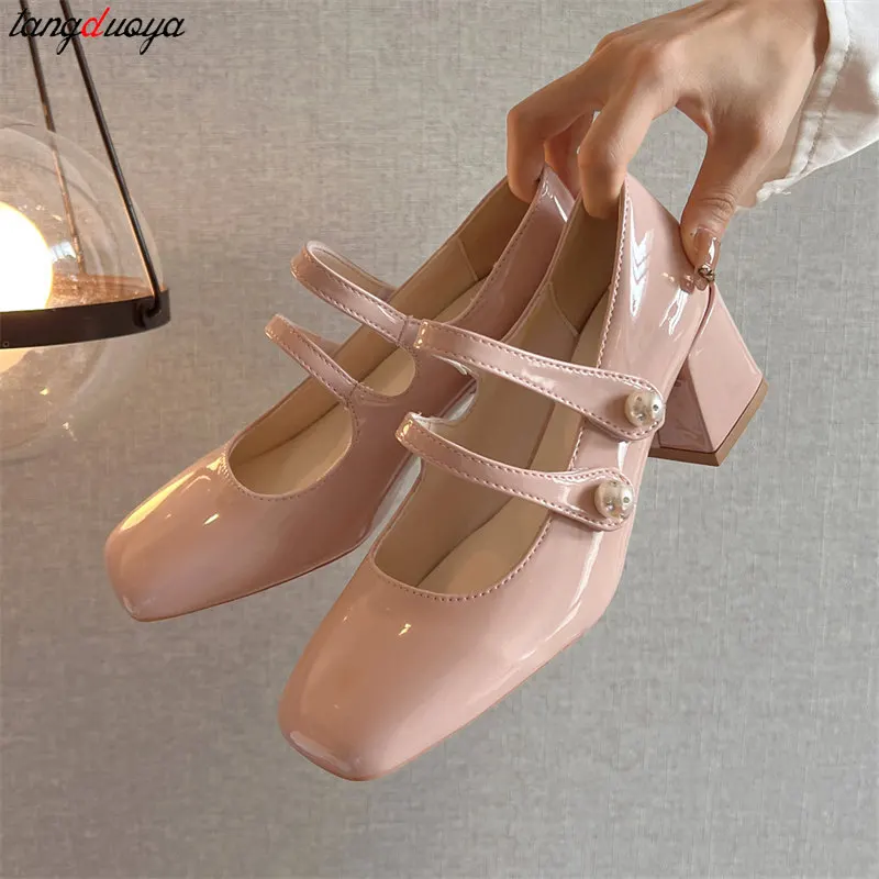 Elegant French Double-Buckle Strap Backless Sandals Women's Retro Square Toe Mary Jane Shoes Ladies Sweet Pink party dress pumps