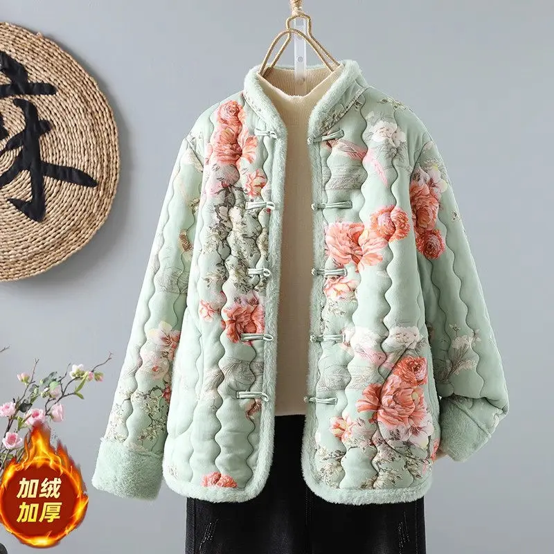 New Chinese Style Retro Buttoned Cotton Jacket For Women In Autumn Winter 2024 Fashion Clothing Stand Collar Quilted Coat A496