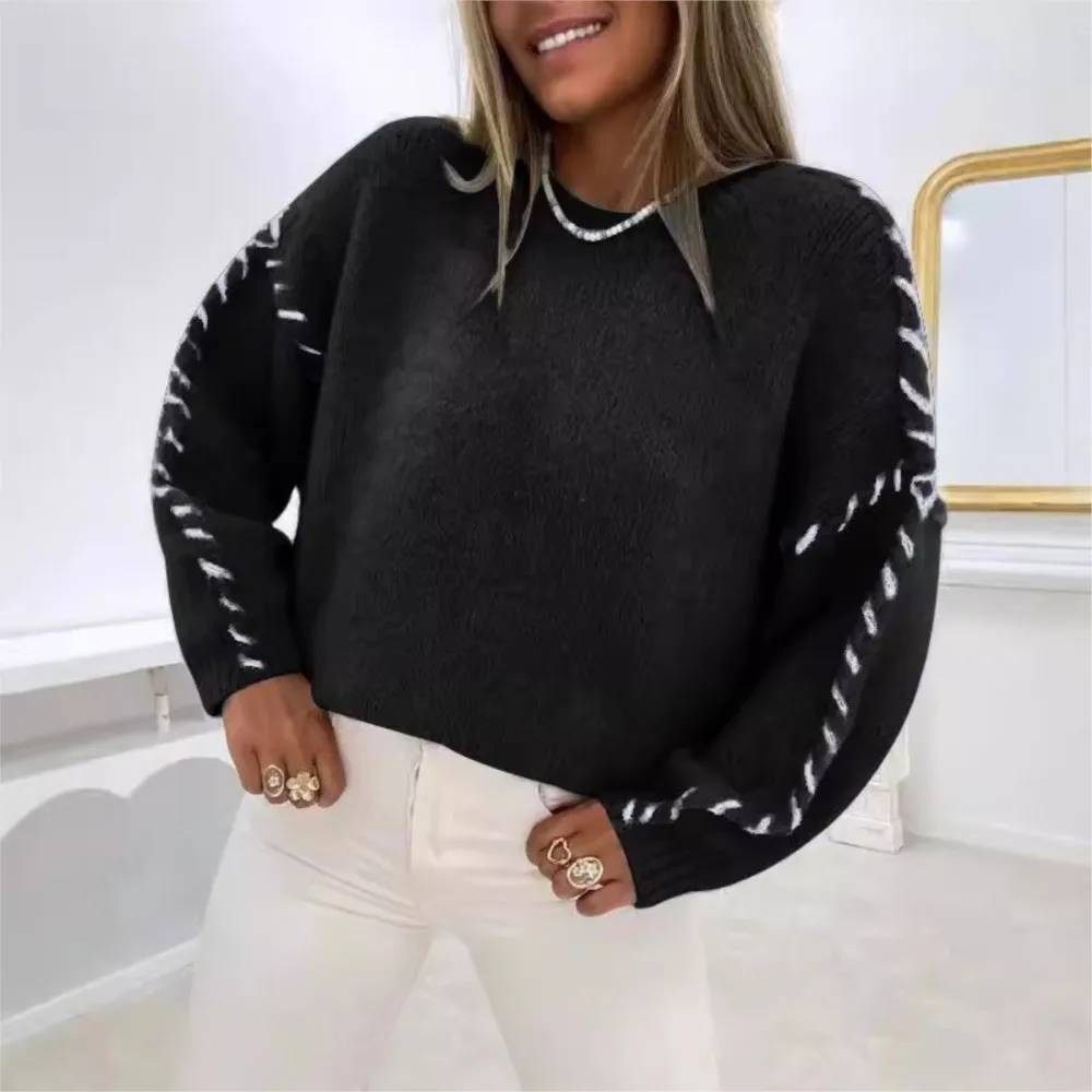 Women's Clothing Pulls Femmes Loose Knitted Contrast Color Round Neck Pullover Top Sweater All-match Loose Simple Style Trendy 2