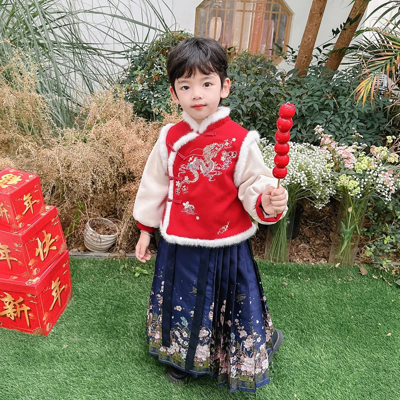 

Children's Winter Dress Embroider Hanfu Set Girls Casual Dress Costume Baby Kids Festive Tang Suit New Year Clothing