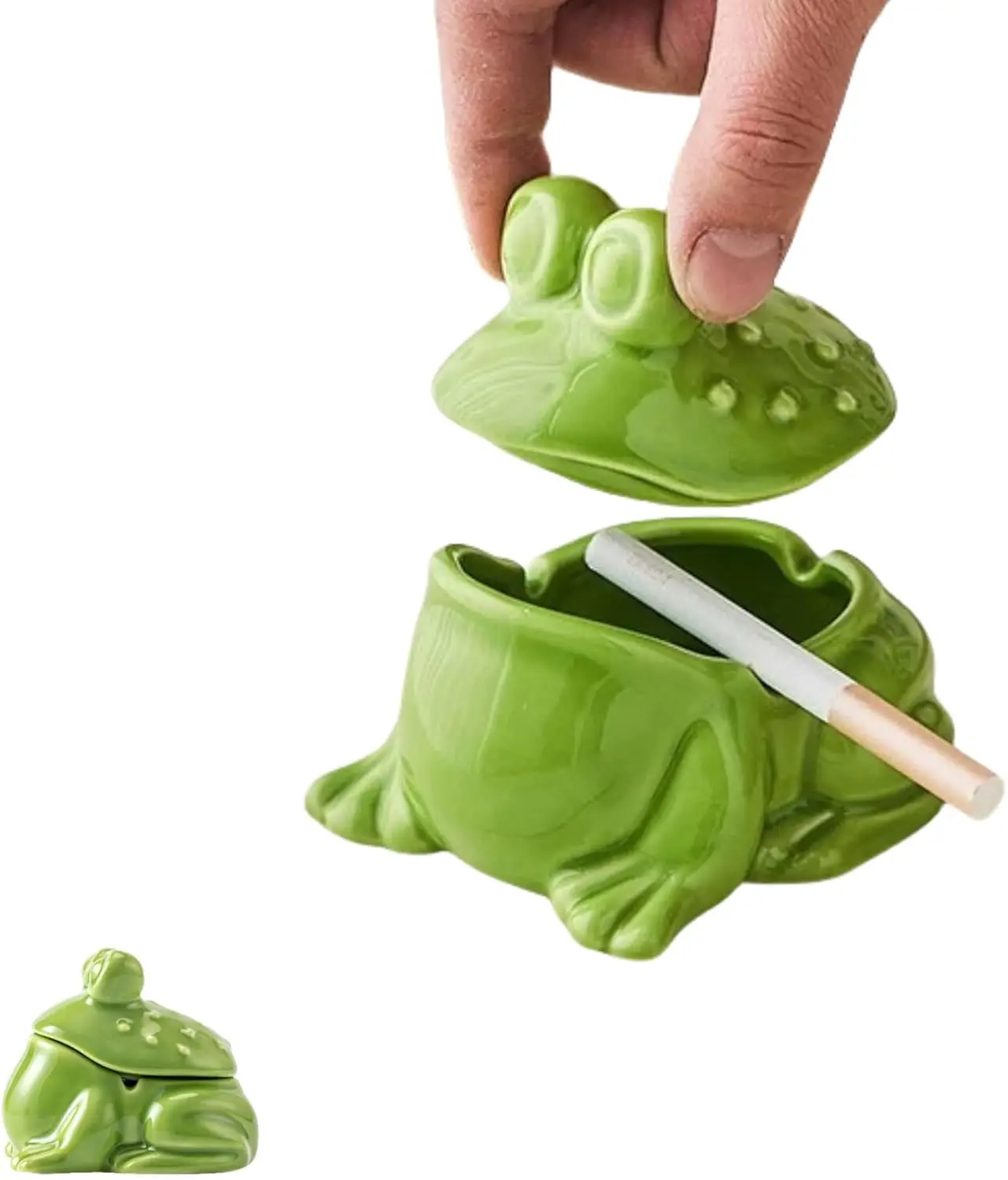 

Green Ceramic Frog Ashtray with Lid, Windproof for Cigarettes, Ideal for Home Office Patio Tabletop