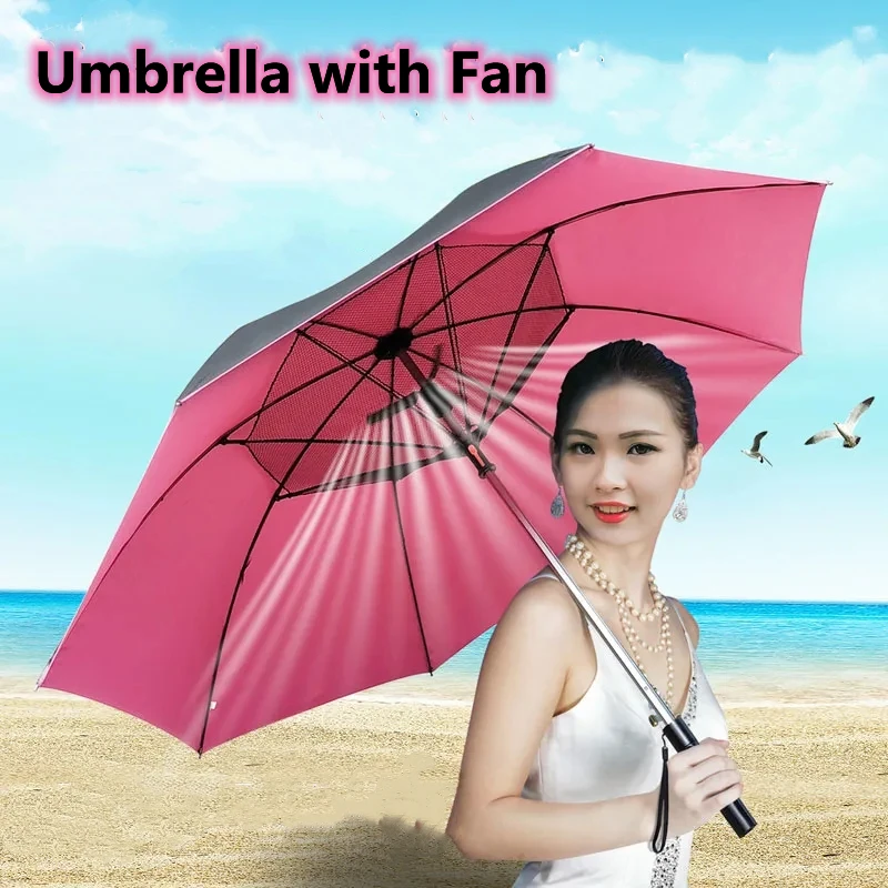 Creative Long-handle Umbrella with Fan Anti-UV Sunny and Rainy Umbrellas for Women Men