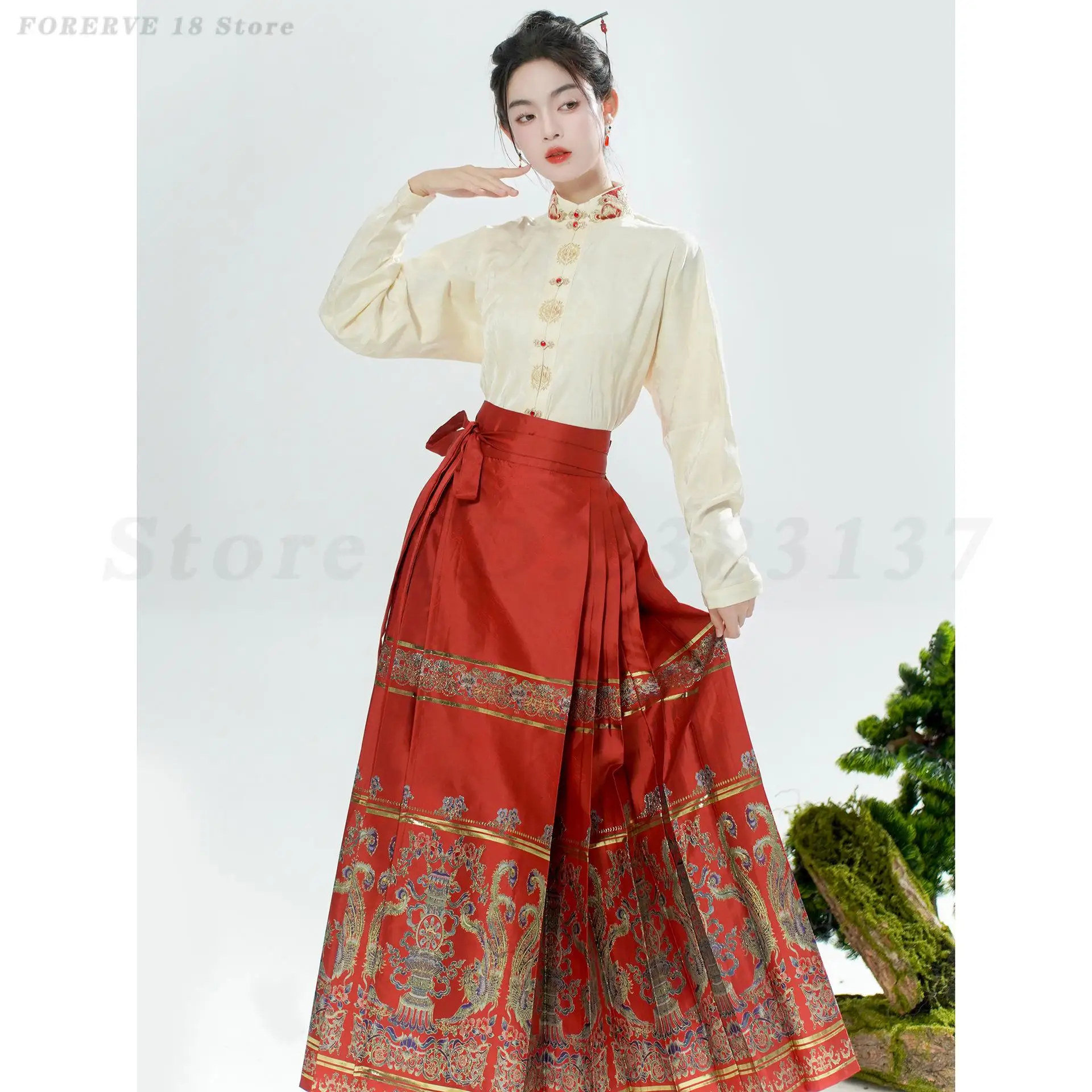 Spring Autumn Retro Hanfu Set Long Sleeve Shirt Mamianqun Set Bridal Wedding Tang Costume Traditional Chinese Horse Face Skirt