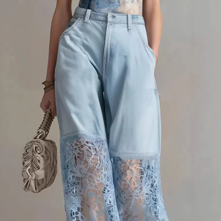 

Women’s Fashion Lace Patchwork Hollow Out Denim Jeans Elegant Light Blue High Waist Mesh Sheer Straight-Leg Pants Retro Trousers