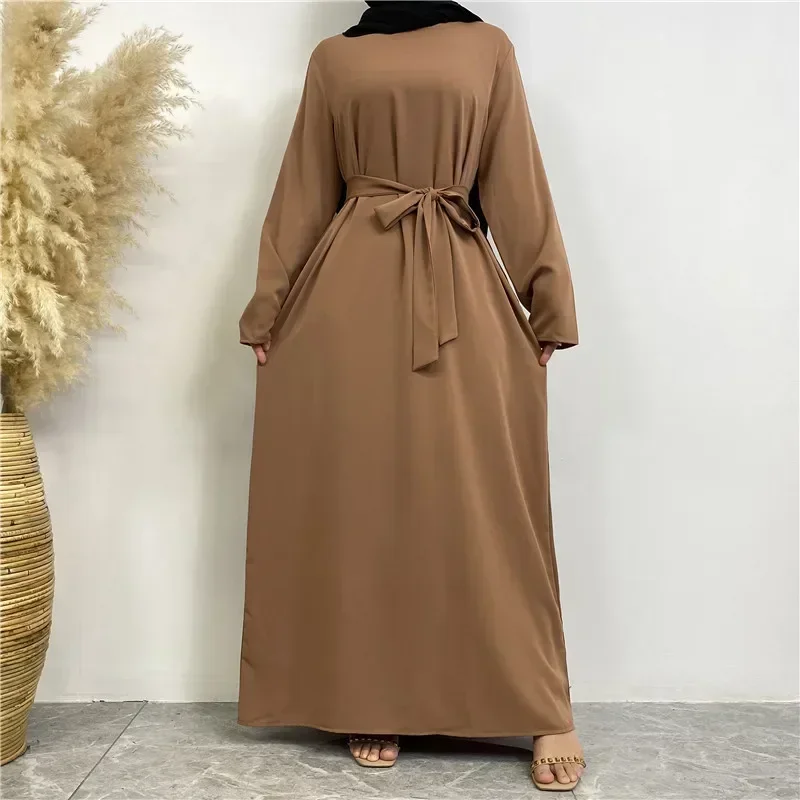 Imagem -02 - Abaya Muçulmana com Bolsos para Mulheres Casual e Simples Vestido Longo Caftan Marroquino Estilo Turco