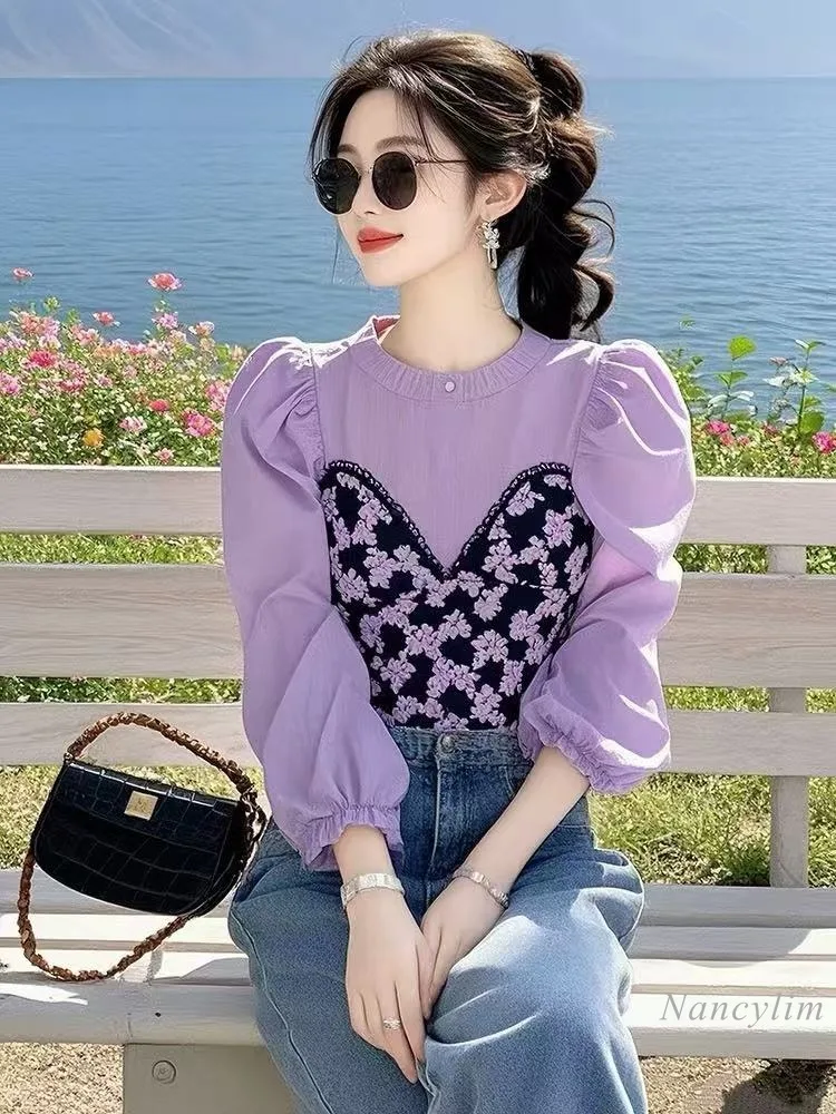 Purple Fake Two-piece Floral Design Sense Long-sleeved Shirt Women's Spring and Autumn Chic Beautiful Top Patchwork Blouse