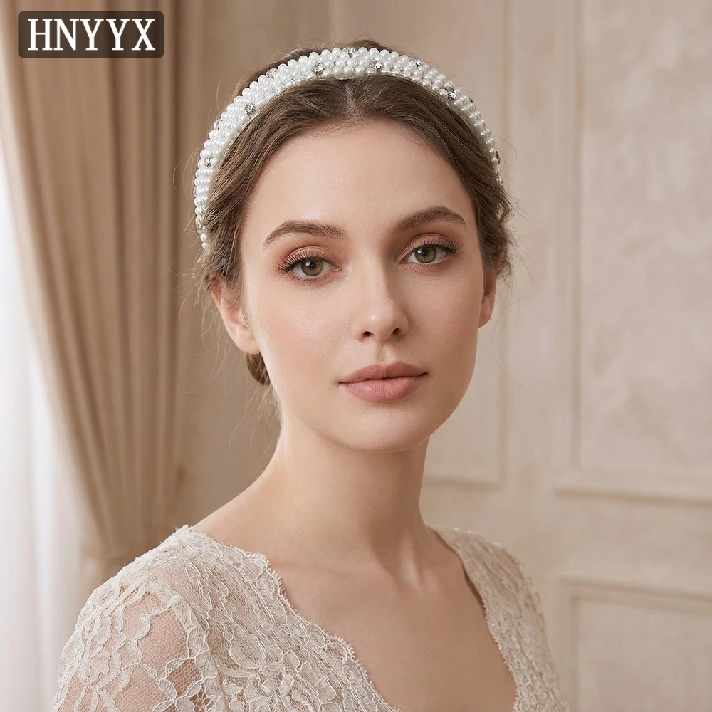 

HNYYX Elegant White Color Pearl Bride Head Hoop Hair Accessories Women Wedding Headband Handmade Party Wide Hair Hoop Tiara A421