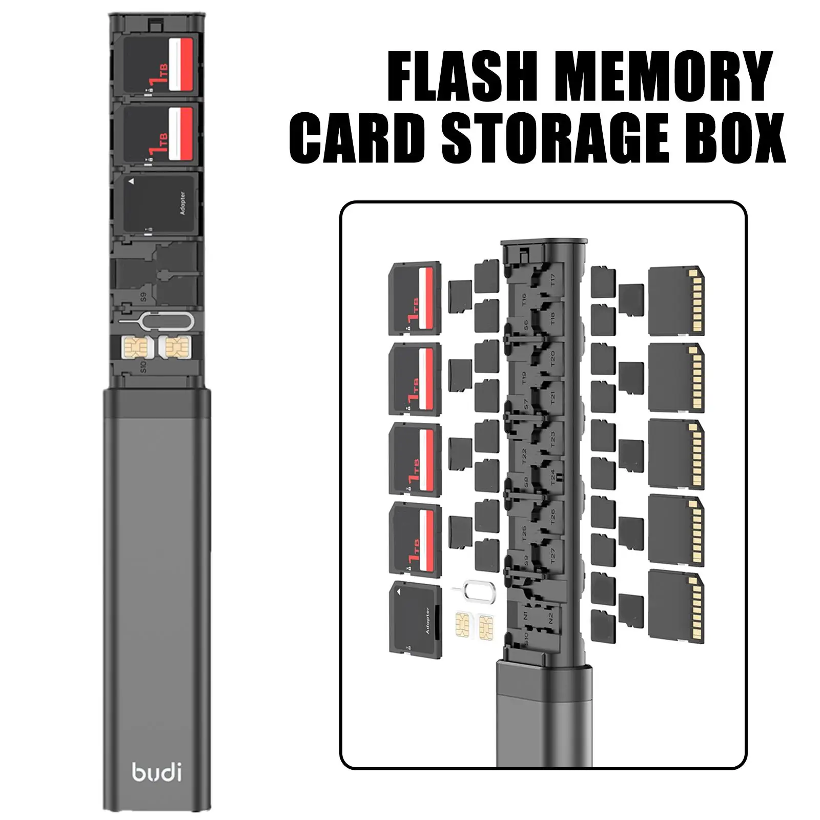 BoxBUDI up Design Scatola per schede di memoria di grande capacità da 30 slot Portafoglio per carte anti-pressione e antiurto Portatile anti-perdita