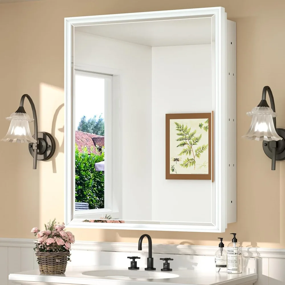 Wall-mounted mirror cabinet, metal beveled mirror with bathroom vanity storage space, aluminum mirrors cabinet mirrors