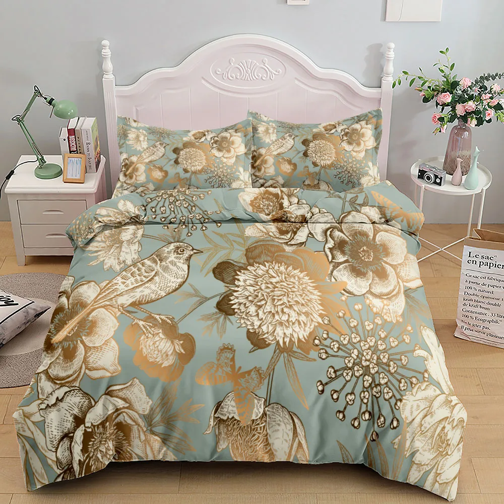 

Seamless Painting Birds Floral Bedding Set Small Single Twin Double Queen King Cal King Size Bed Linen Set