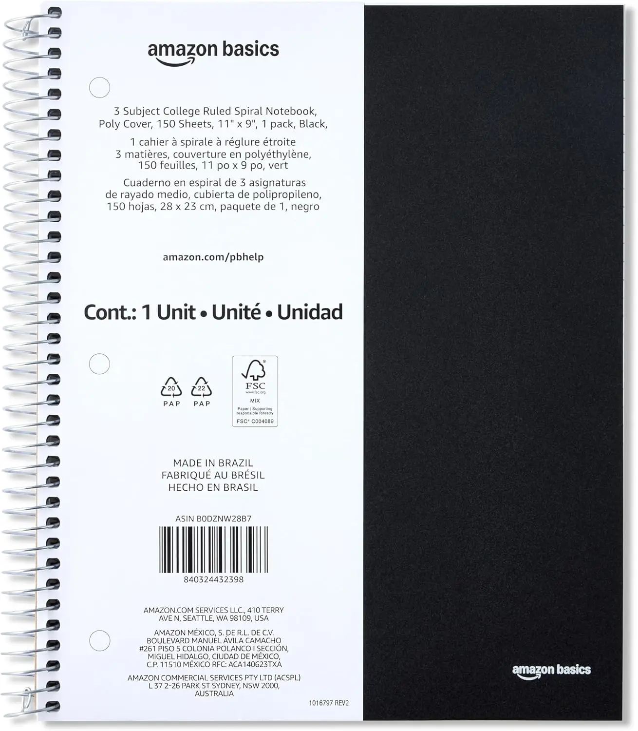 

College Ruled 3-Subject Spiral Notebook, 150 Sheets, 8.5 x 11 inches, Black with Pocket Dividers