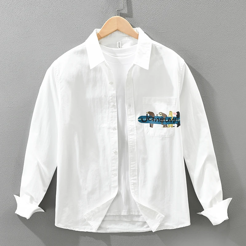 

2026 Spring Autumn New Cartoon Printed 100% Cotton Long Sleeve Shirt for Men Clothing Comfort Turn-down Collar Tops