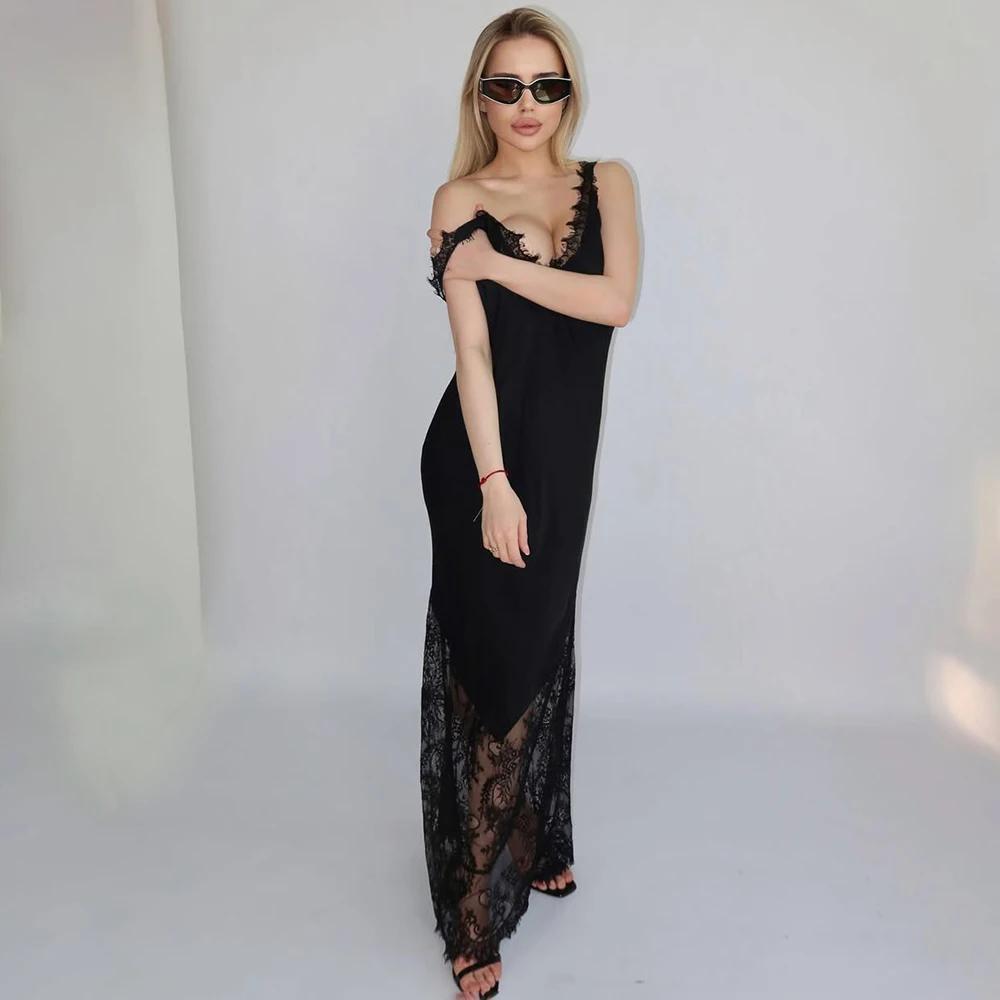 

Ticketsx Sexy Lace Patchwork Dress Women V Neck See Through Sleeveless Long Dress Elegant High Street Backless Evening Dress