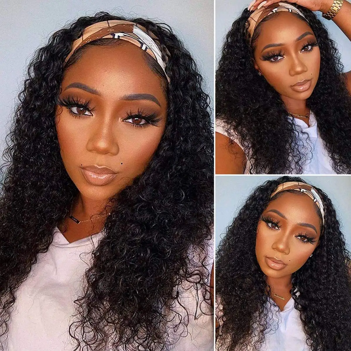 Headband Wig Human Hair Deep Wave 18 inch None Lace Front Wig Human Hair Machine Made Wigs Glueless Curly Hair Headband Half Wig