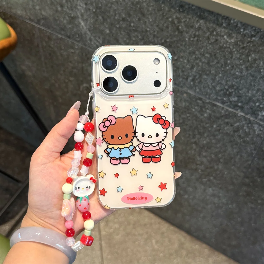 

Korean Cute Star HelloKitty Cartoon Phone Case with Chain Cartoon Cover for iPhone 17 Pro 16 15 14 13 15 Pro Max Silicone Funda