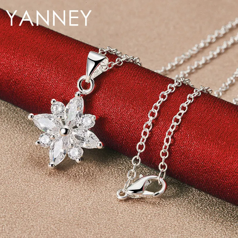 

925 Sterling Silver 16-30 Inches 17MM Shiny Flower Zircon Necklace For Women Fashion Charm Gift Jewelry Wedding
