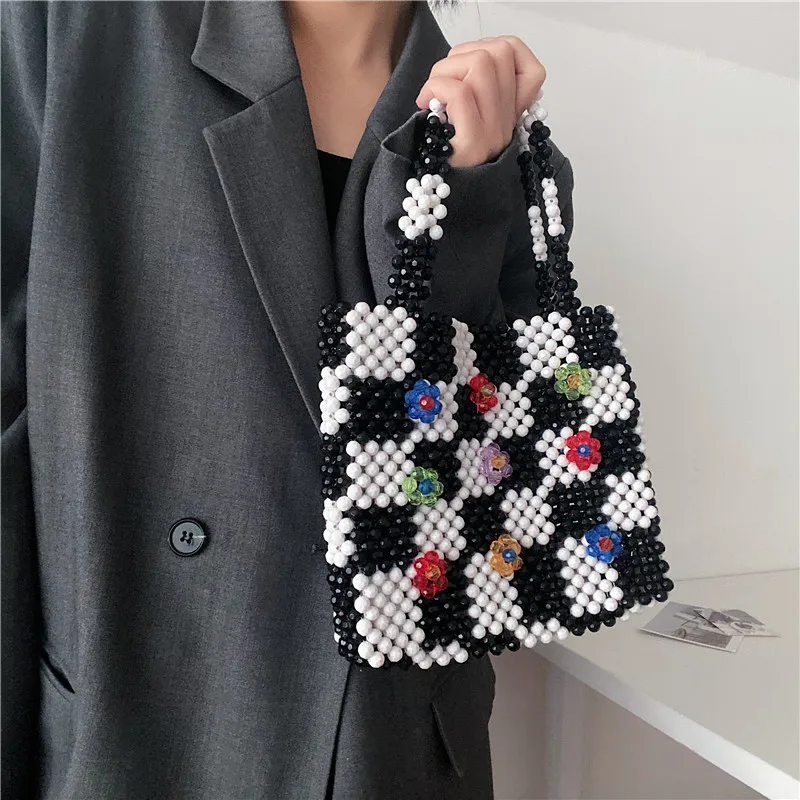 กระเป๋าถือลายสก็อตสีขาว Sli Bla สำหรับผู้หญิง ดีไซน์กระเป๋าถือขนาดเล็กประดับลูกปัด กระเป๋าถือฤดูร้อนแฟชั่นทันสมัย