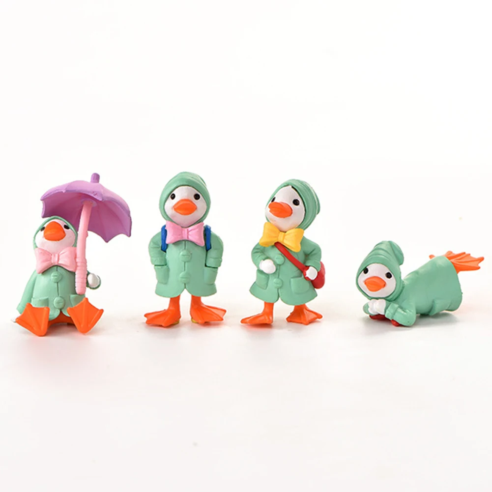 4pcs/set Umbrella Raincoat Cute Cartoon Duck Miniature Figurine Ornaments Yellow Ducklings Figurine For Miniature Garden Decor