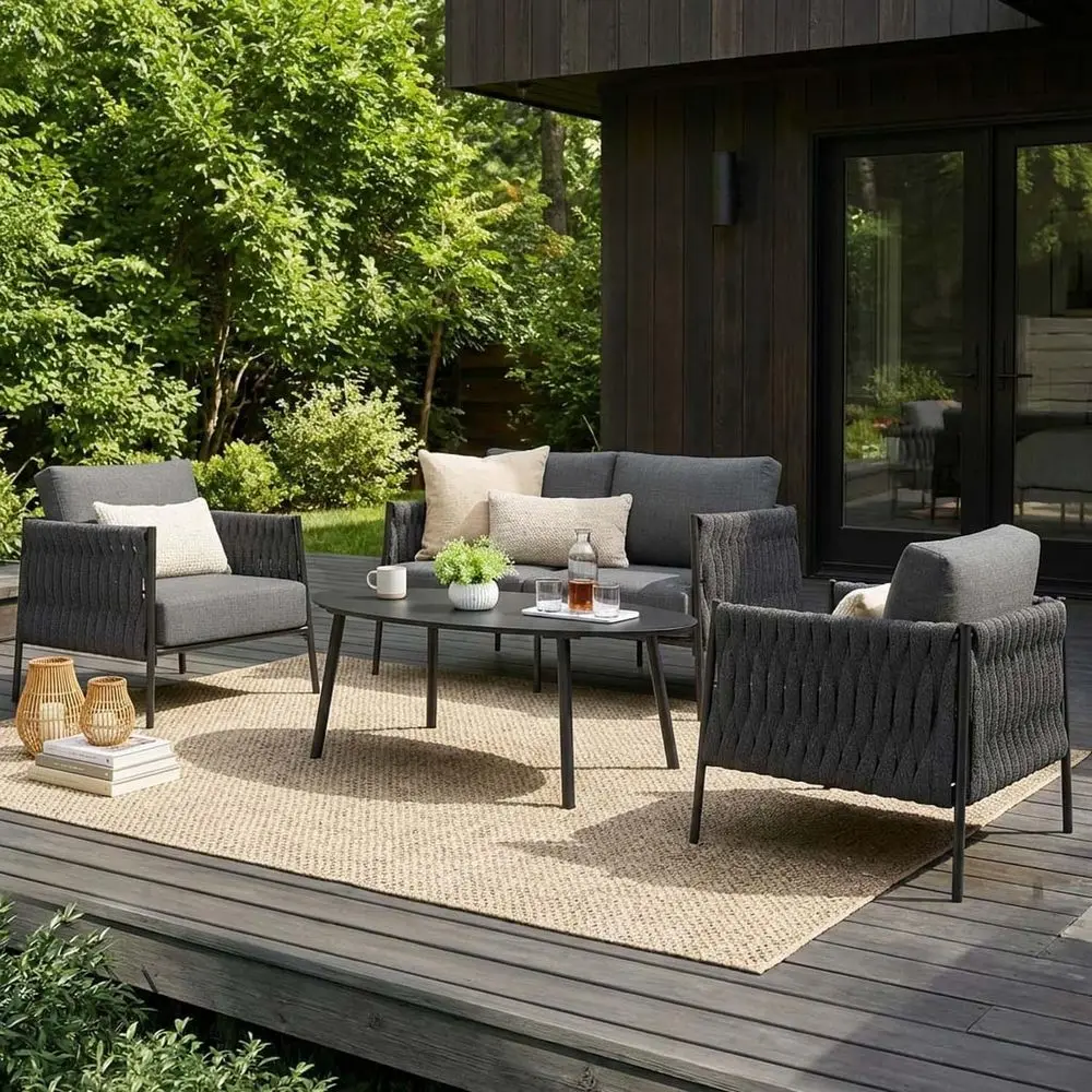 

4 Piece Outdoor urniture Set with Coee Table, ern Rope Woven Patio Contion Soa Set with Olein Braid and Deep Seating