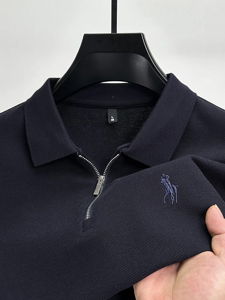 

Рубашка-поло мужская с вышивкой, из дышащего хлопка, на молнии, с длинным рукавом