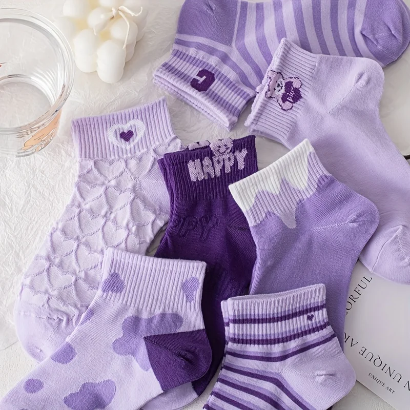 7 Pairs Purple Cartoon Socks Set, Cute and Comfortable Breathable Ankle Socks, Women\'s Casual Socks & Hosiery