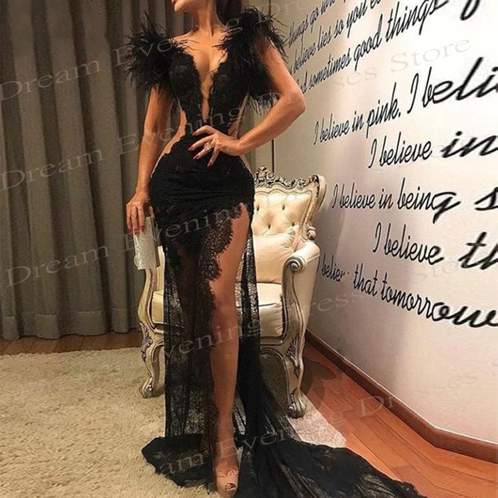 Sexy schwarze Meerjungfrau temperament volle Abendkleider ärmellose Spitzen applikationen V-Ausschnitt Ballkleider mit hoher Seite Split Robe de Soiree