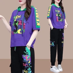 Fashion Casual Suit Female 2024 Summer New Print Hooded Short Sleeve Top Casual Haren Pants Fashion Trend Sports Suit