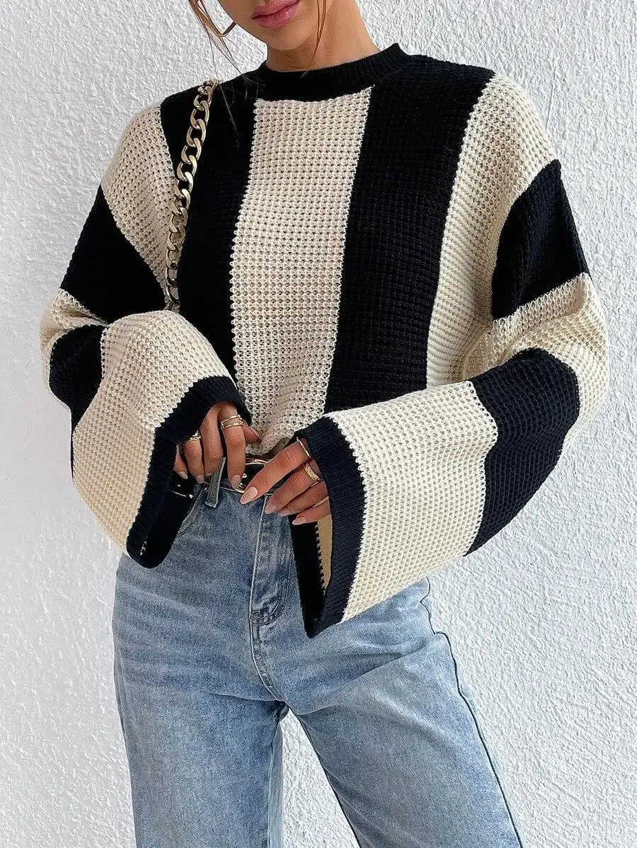 2024 Autumn And Winter Foreign Trade Foreign Style Knitted Sweater Tops Round Neck Striped Design Niche Sweater Jacket For Women