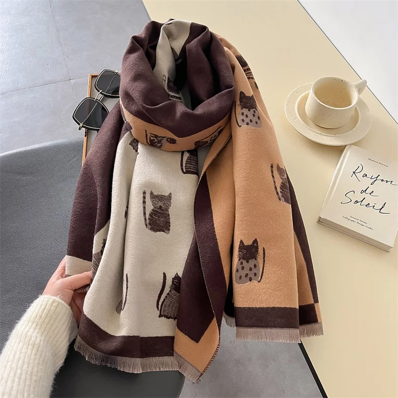 2024 Luxury Cute Cat Print Scarf for Women Warmer Winter Cashmere Pashmina Scarves Shawls Female Thick Blanket Wraps Foulard