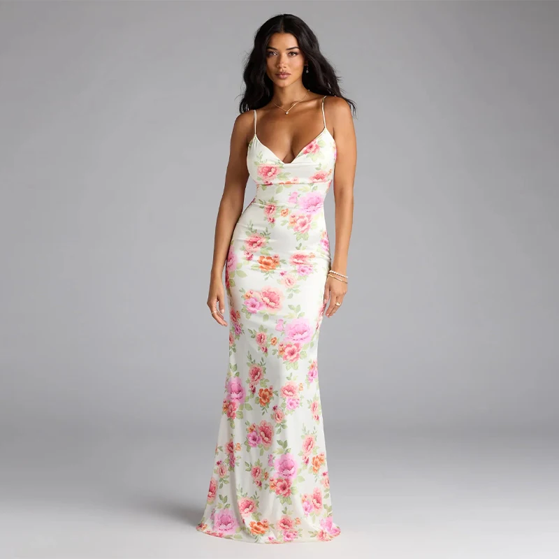 

2025 Summer Spaghetti Strap Floral Print Party Dresses Elegant Maxi Bodycon Wedding Guest Holiday Dress New In Dress