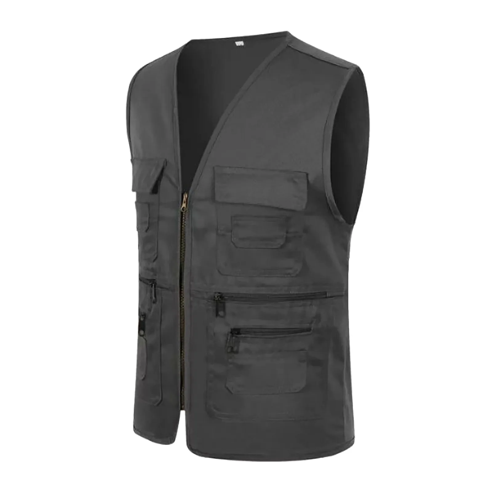 Cargo Waistcoat Men Zipper Closure Waistcoat Men's Summer Cargo Waistcoat with Multi Pockets V-neck Sports Vest Solid Color