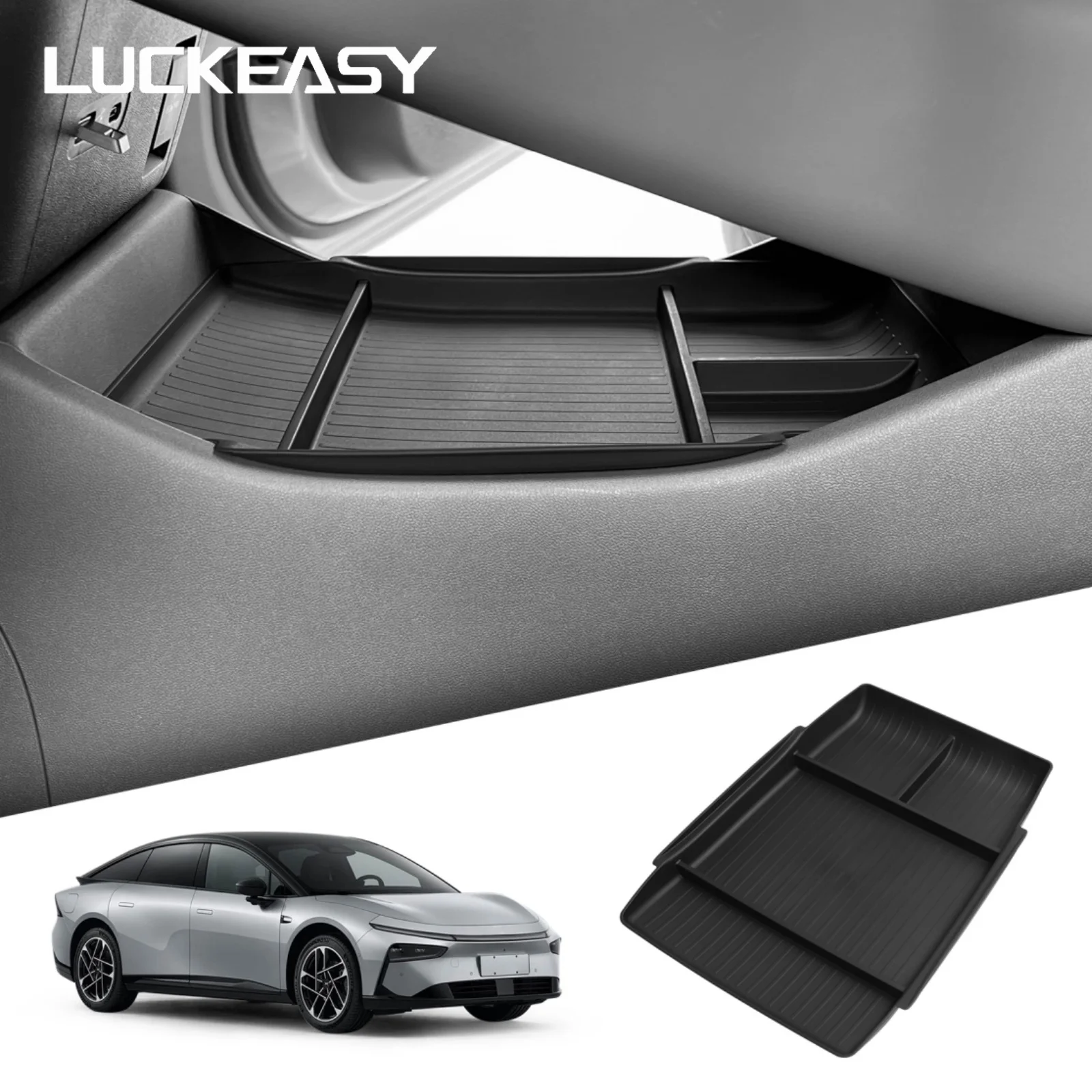 LUCKEASY für Xpeng P7+ 2024-2026 Mittelkonsole Untere Aufbewahrungsbox Auto-Organizer Innenraum-Zubehör TPE Schwarz