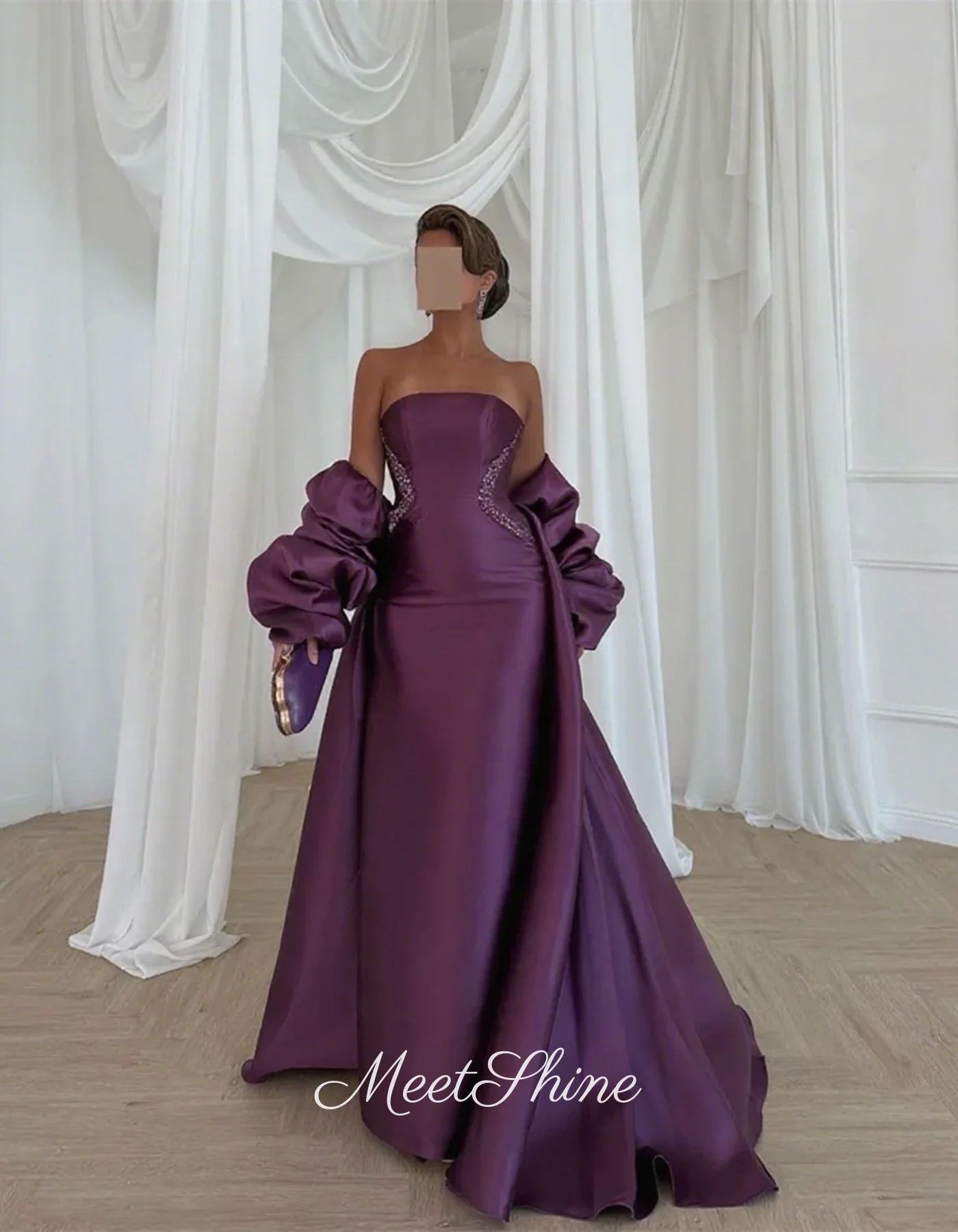 Abito da sera dritto classico in raso viola squisito senza spalline con manica a mantella staccabile abito da ballo formale personalizzato