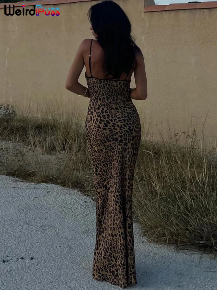 Weird Puss Spaghetti Strap Women Dress Leopard Print Sexy Sensual Backless Sleeveless Bodycon Summer Vacation Beach Partywear