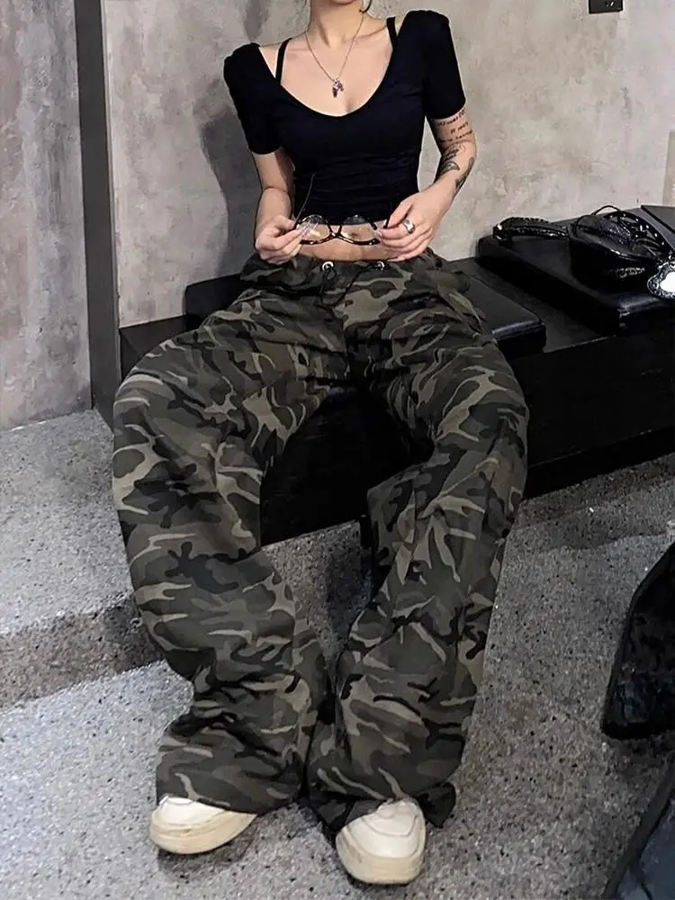 American Retro Camouflage Cargo Pants Y2k E-Girl Thin Straight Trousers  Loose Wide Leg Pants For Women Y2k Hip-hop Cargo Trouse