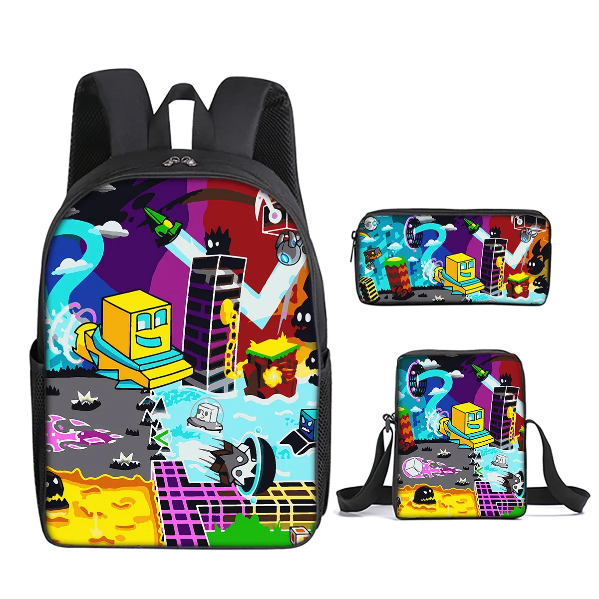 

Classic Popular Geometry Dash 3D Printed 3pcs/Set pupil School Bags Laptop Daypack Backpack Inclined shoulder bag Pencil Case