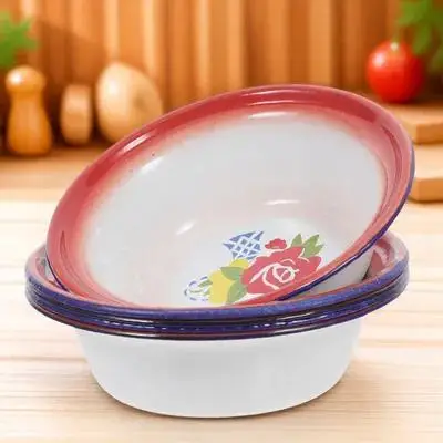 

5Pcs Enamel Bowl Vintage Style Thickened Metal Basin for Kitchen Dough Fruit Vegetable Soup Camping Outdoor Dining Enamelware