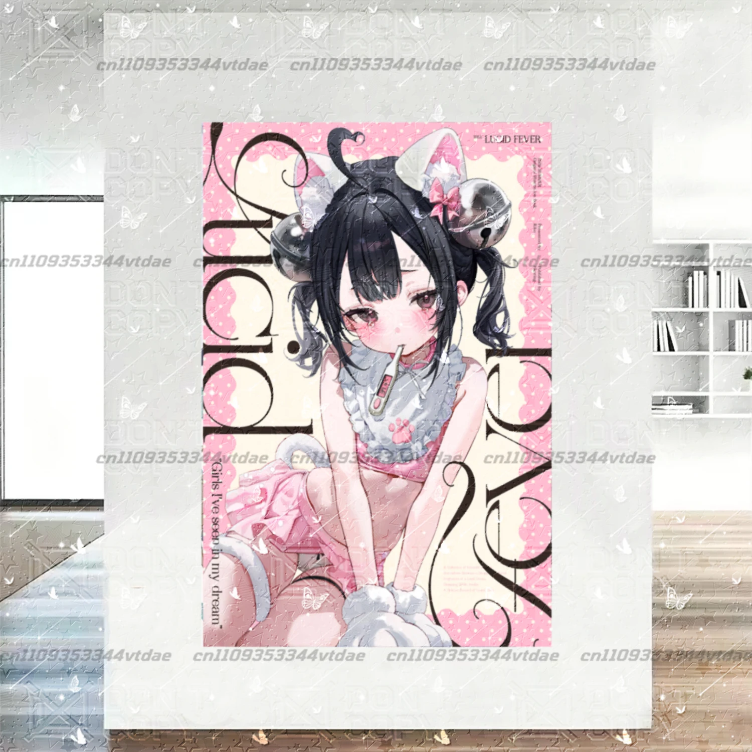 Kawaii Neko Girl Tapestry Vertical Cat Ear Bell Pink Polka Dot Anime Wall Hanging Teens Bedroom Dorm Background Cloth