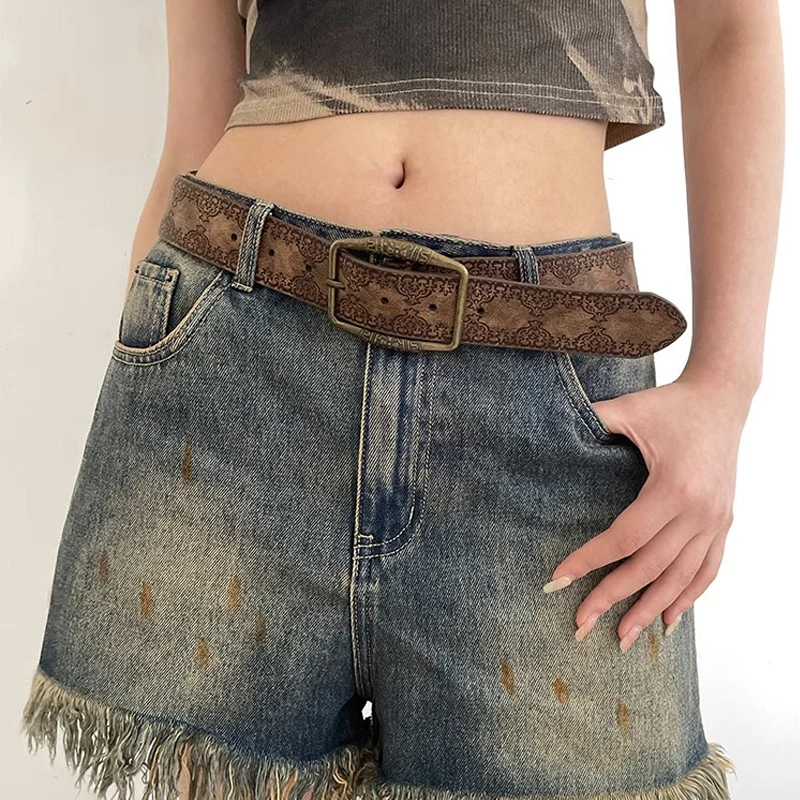 Nuova cintura Vintage goffrata per donna Jeans abiti stile Boho moda Versatile Hip Hop Y2K PU fibbia in pelle Pin cintura larga