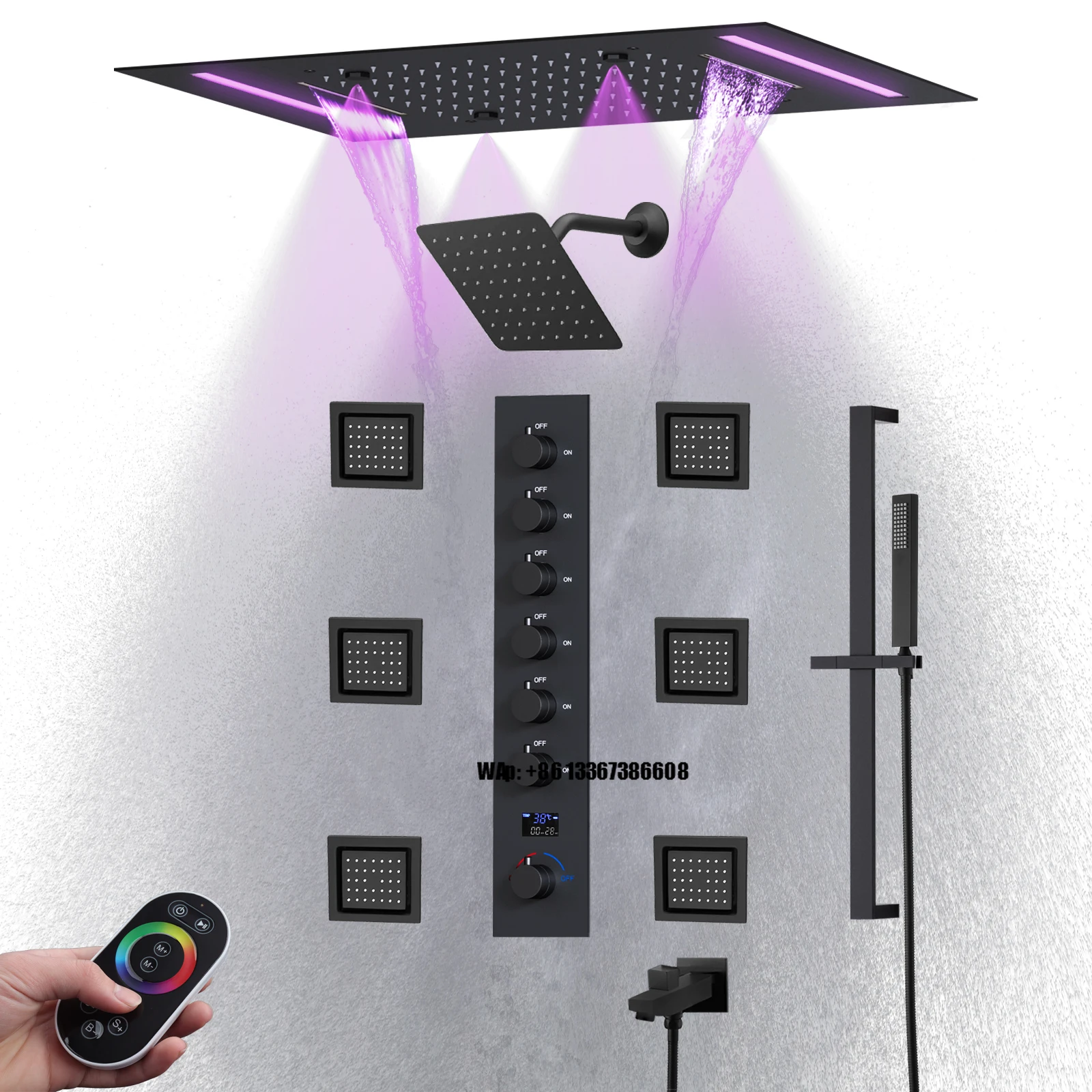 

Luxury Matte Black Ceiling Large 14x20inch LED Shower Head Brass Bathroom Cold and Hot Digital Display Shower System Sets