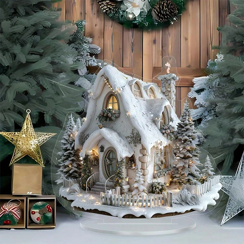 2D Flat Snow House Decor Acrylic Christmas Village Ornaments Desktop Decor for Home Farmhouse Holiday