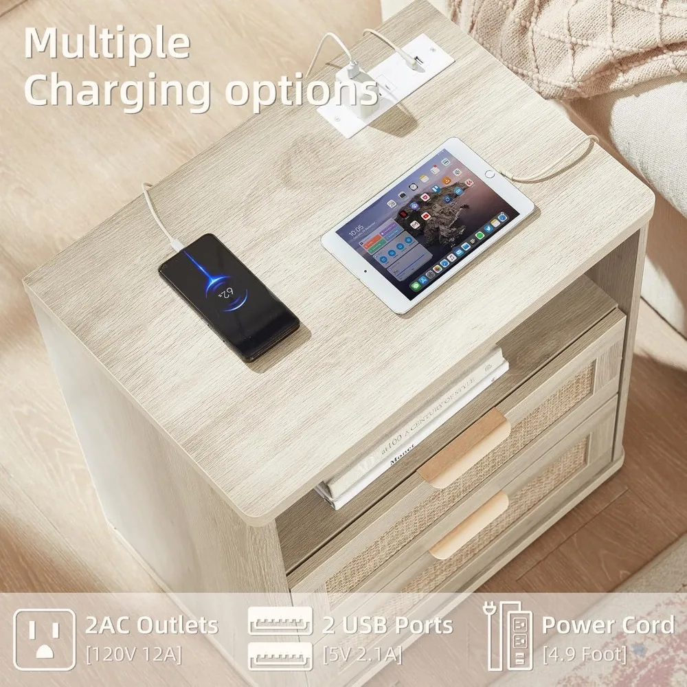 منضدة الروطان المزدوجة على الطراز البوهيمي مع شحن وتخزين لغرفة النوم باللون الرمادي والأبيض