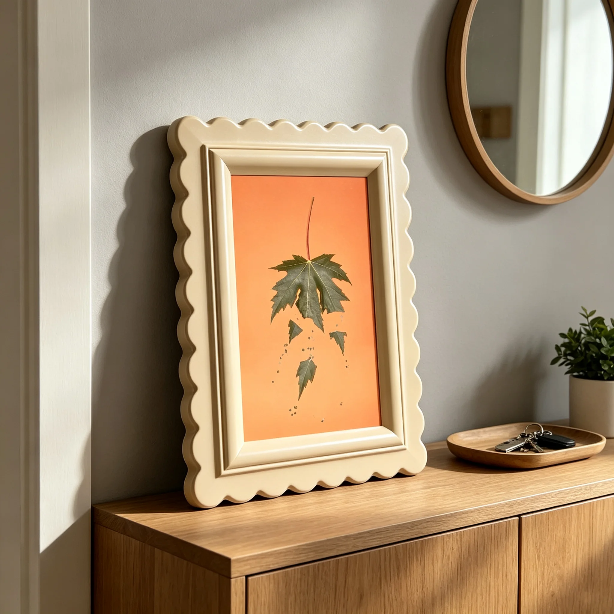 Boho Beige Scalloped Wavy Edge Picture Frame for Home Decor Minimalist Cream Photo Frame Decorative Imitation Wooden Art Frame