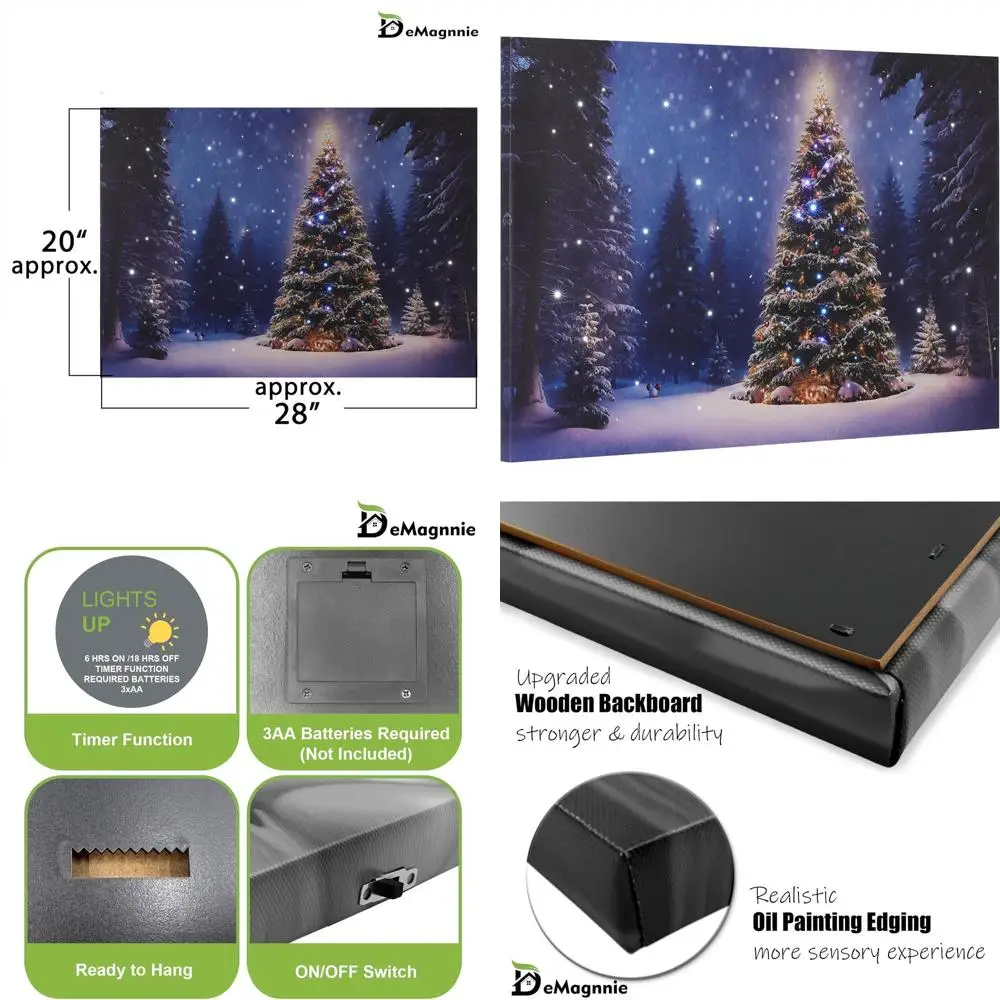 

Illuminated Winter Canvas Art with Timer - 28x20 Framed Fiber Optic Lighted Painting, Battery-Powered Wall Decor for Living Room