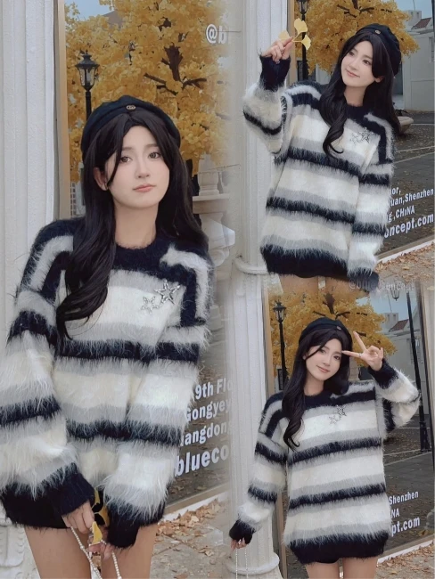 

Мягкий уютный полосатый свитер из искусственной норки, женский свободный ленивый Sle, верхняя одежда для похудения, осень-зима, новый круглый топ, модный