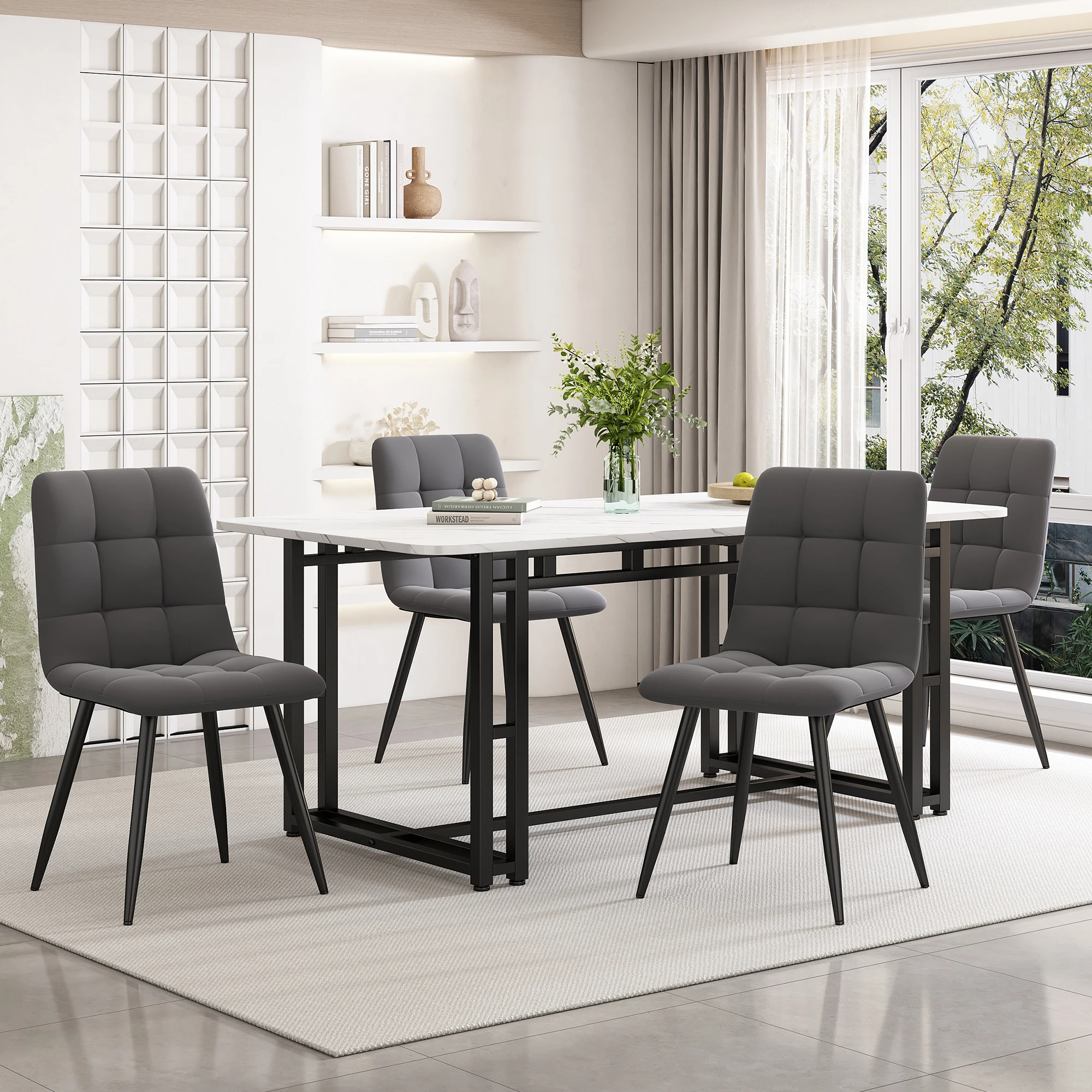 Table à manger rectangulaire avec plateau spacieux et pieds en métal noir, stable pour cuisine/salle à manger, MDF Blanc