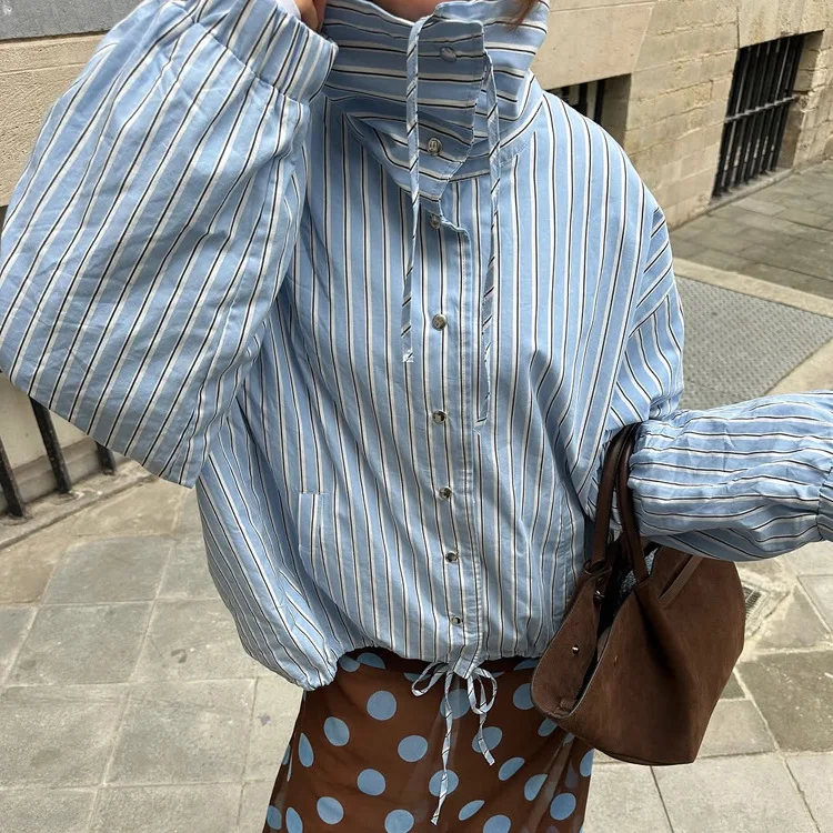

Blue Striped Shirt Women High Neck Button Puff Sleeve Jacket Loose Drawstring Blouse Office Siren Vintage Streetwear Tops